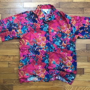 Vintage 90er Jahre leichte Seide frisch Prinz Hawaiishirt Damen MEDIUM lose - 1e52p