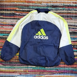 MEDIUM men&#39;s vtg 90s adidas Nylon Windbreaker Jacket navy blue neon logo 5g71