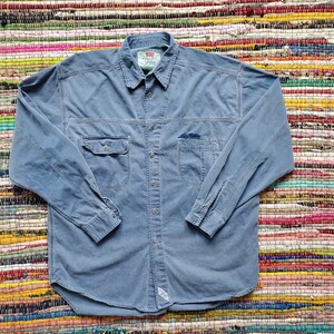 LARGE men vtg 90s Levi&#39;s Strauss Denim Blue Shirt industrial metal buttons 3g22p