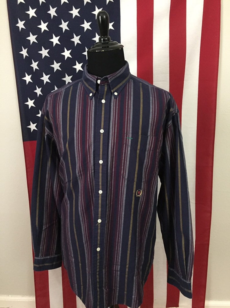 90s Tommy Hilfiger Denim Striped Lion Shirt size XL ~ 19863