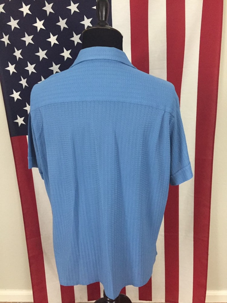 70s Wide Collar Textured Blue Hawaiian Shirt size XL ~ 19199