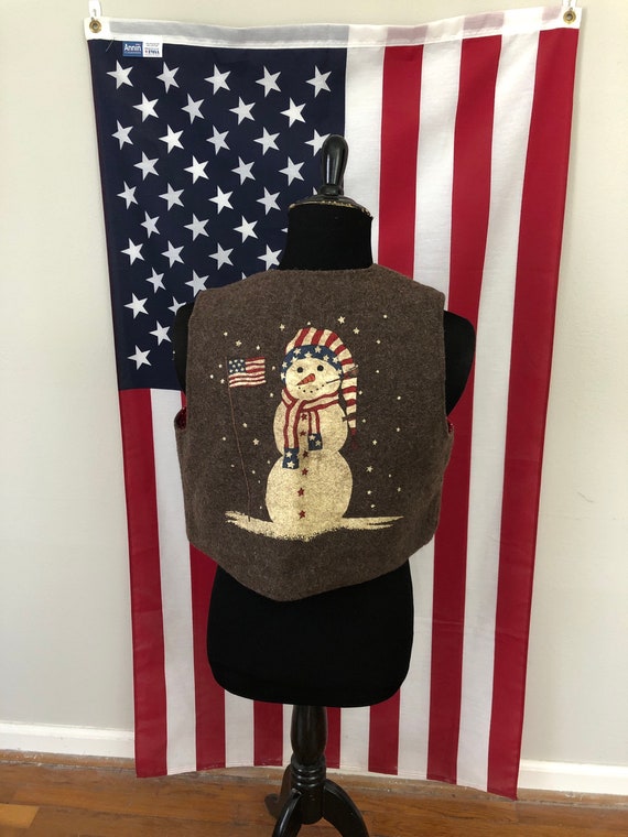 vintage Thick Wool Snowman Winter USA Flag Vest w… - image 3