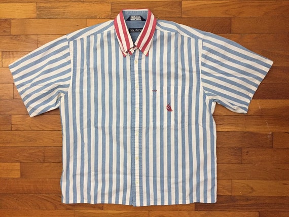 90s Nautica Pastel Blue Striped Shirt size MEDIUM… - image 1