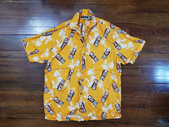 L men's vtg 90s Tiki Heads Orange Hawaiian Shirt … - image 1