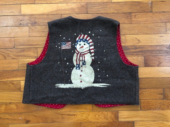 vintage Thick Wool Snowman Winter USA Flag Vest w… - image 1