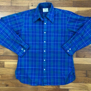 vintage 60s 70s Arrow Sanforized Blue Plaid Shirt men&#39;s MEDIUM - d806