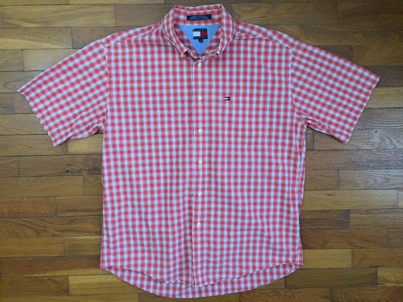 90s Tommy Hilfiger Orange Red Plaid Flag Shirt size LARGE ~ 8438
