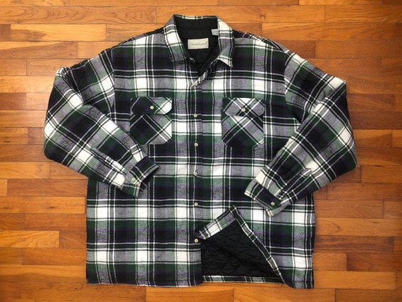 90s Green & Purple Plaid Quilted Flannel Jacket Sh