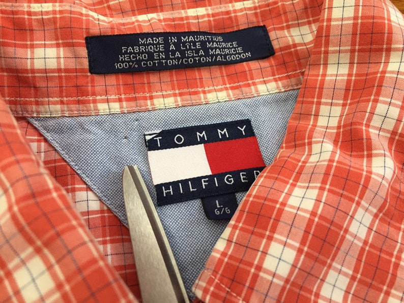 90s Tommy Hilfiger Orange Red Plaid Flag Shirt size LARGE ~ 8438