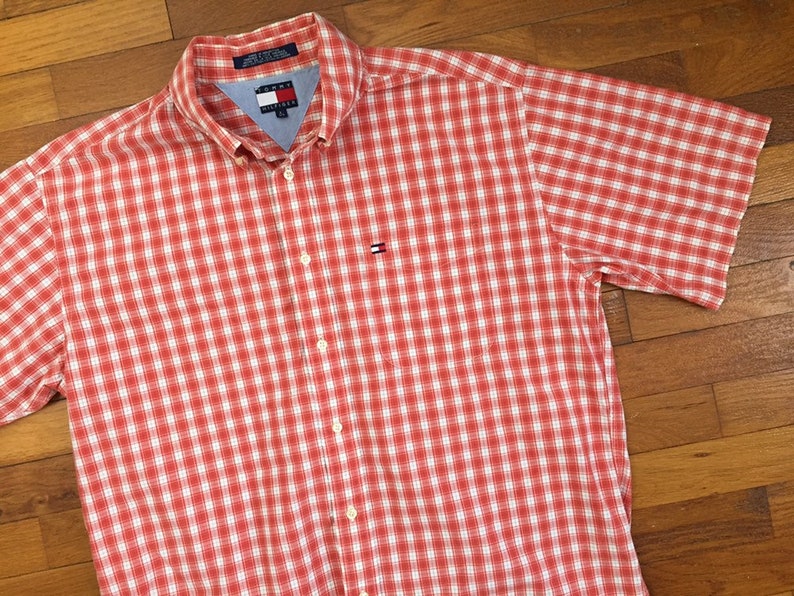 90s Tommy Hilfiger Orange Red Plaid Flag Shirt size LARGE ~ 8438