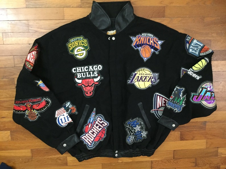 90s Jeff Hamilton NBA Patches Wool & Leather Jacket size 6XL | Etsy