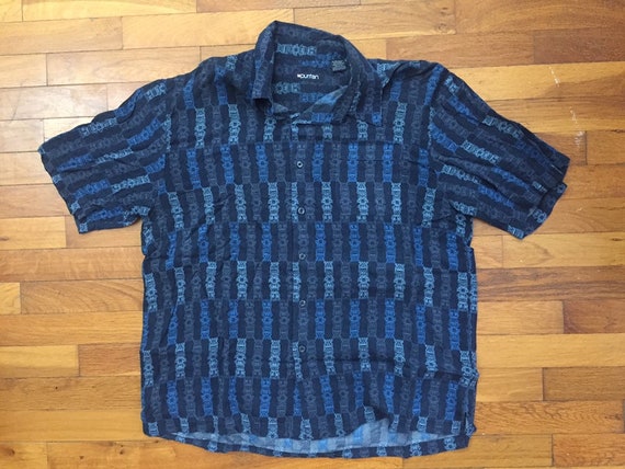 vtg Tiki Heads Blue Rayon Hawaiian Shirt size LAR… - image 1