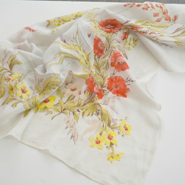 Silk Scarf,Square Scarf, Floral, Poppies,Mid Century, Head Scarf, Statement Scarf,  Neck Scarf