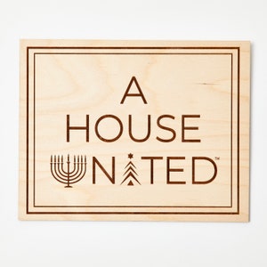 A House United™ Hanukkah Wood Etched Hanging Wall Sign, Kitchen, Bathroom, Living Room, Wood, Chrismukkah Door Décor, Wall Décor