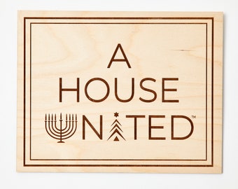 A House United™ Hanukkah Wood Etched Hanging Wall Sign, Kitchen, Bathroom, Living Room, Wood, Chrismukkah Door Décor, Wall Décor