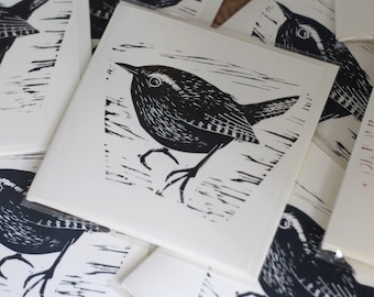 Wren card 4x4 inch linocut