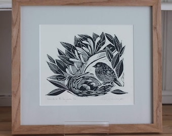 Dunnock in the honeysuckle limited edition linocut in frame