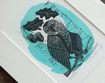 Owl with acorns original linocut with pigment colour.