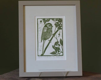 Long tailed tit in the apple blossom, limited edition linocut in wood frame.