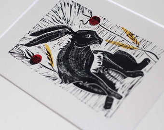 Hare with poppy seeds linocut