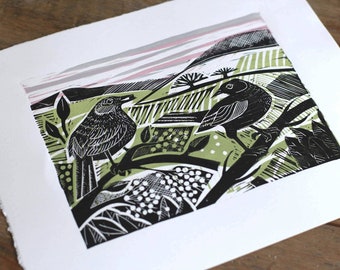 Blackbirds with berries original limited edition of 25 linocut