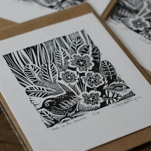 Small wren with primrose limited edition linocut 8x10cm extra artist proof