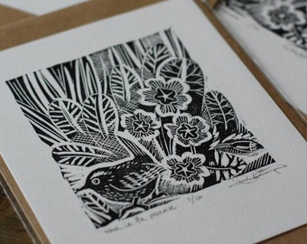 Small wren with primrose limited edition linocut 8x10cm