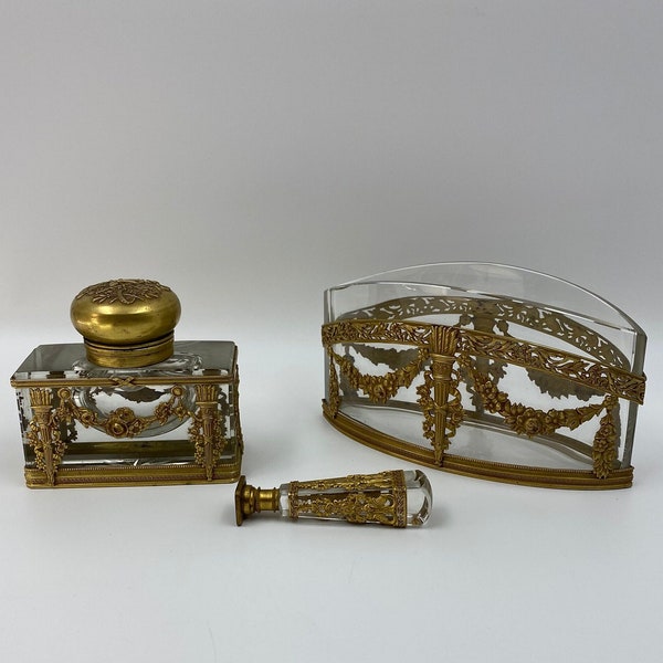 Antique French Ormolu and Crystal Desk Set Including Inkwell with Insert Jardiniere and Wax Seal Stamp Mid to Late 19th Century Ornate Set