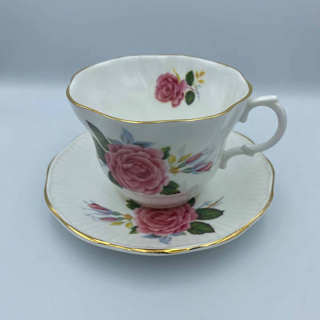 Rosina Fine Bone China Tea Cup and Saucer Pink Wild Rose Design Vintage