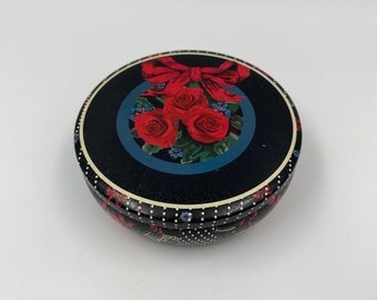 Cookie Tin Black with White Polka Dots Red Roses and Red Bow Vintage Home Decor Unique Decorative Tin Round Shape Great Cookie Candy Trinket