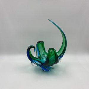 Spike and Curl Art Glass Hand Blown Green Blue Clear Glass Decorative Bowl Unique Home Decor Focal Art Piece Vintage Blown Art Glass Large