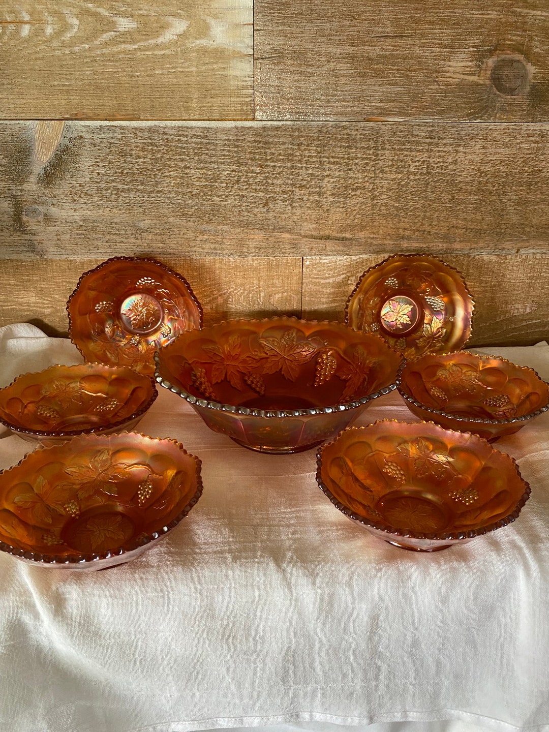 RARE Dugan Carnival Glass Fruit Bowl Set Vintage Dugan Grape Pattern