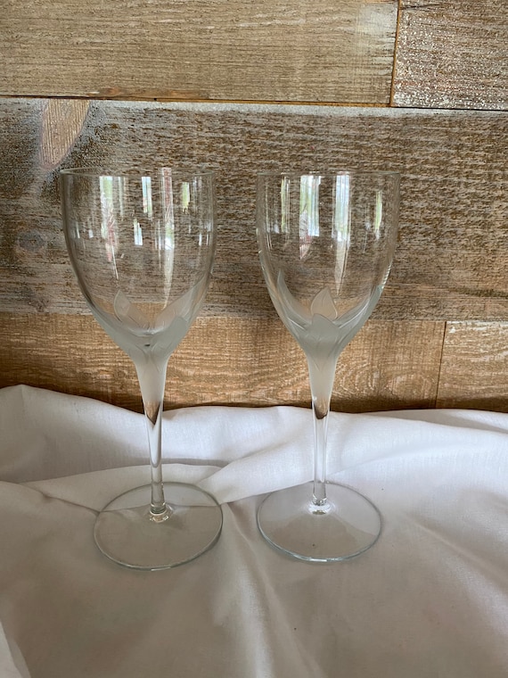 1970s Flat Bottom, Short Stem Cocktail/Water Glasses, Hand Etched Abstract  Pattern- Set of 10