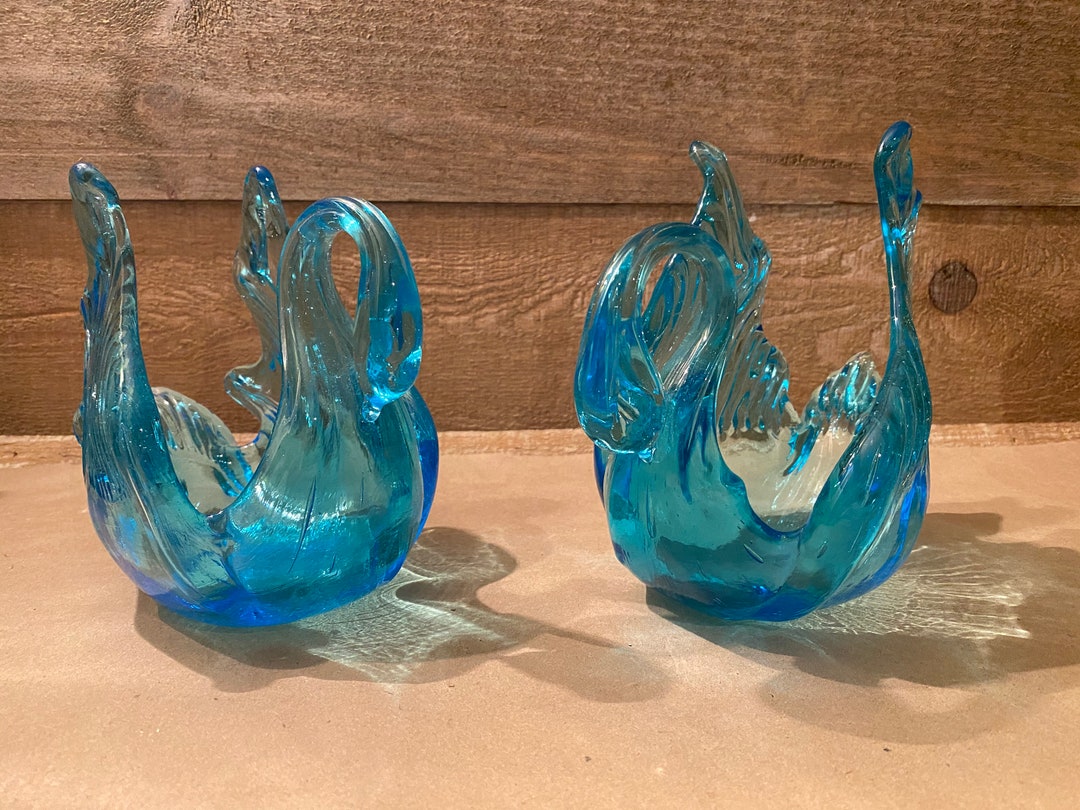 Blue Hand Blown Glass Swan Candy Dishes Set of Two Vintage Collectible