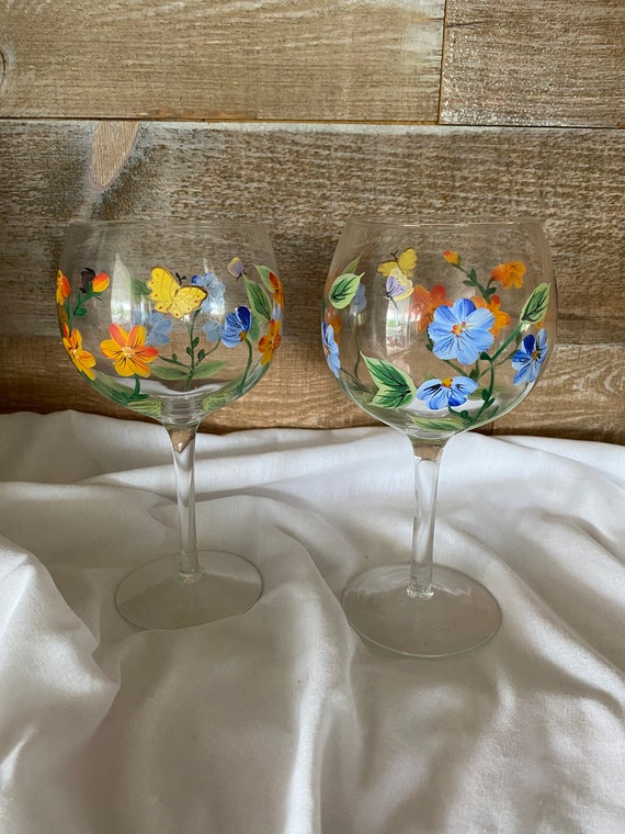 Handpainted Wine Goblets Set of Two Butterflies Flowers Painted