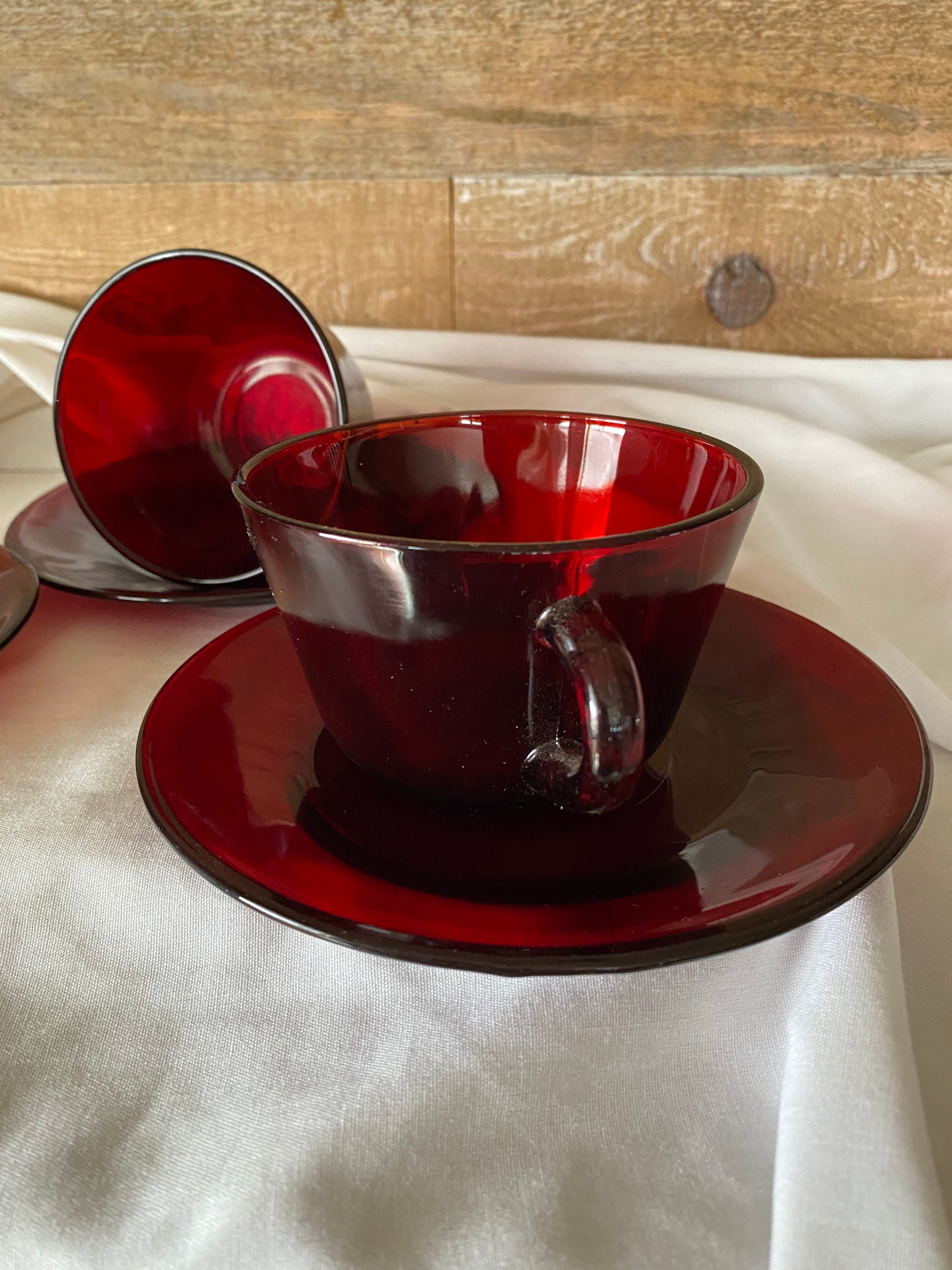 Red Glass Tea Cup and Saucer Set of Three Vintage Glass Cup Etsy