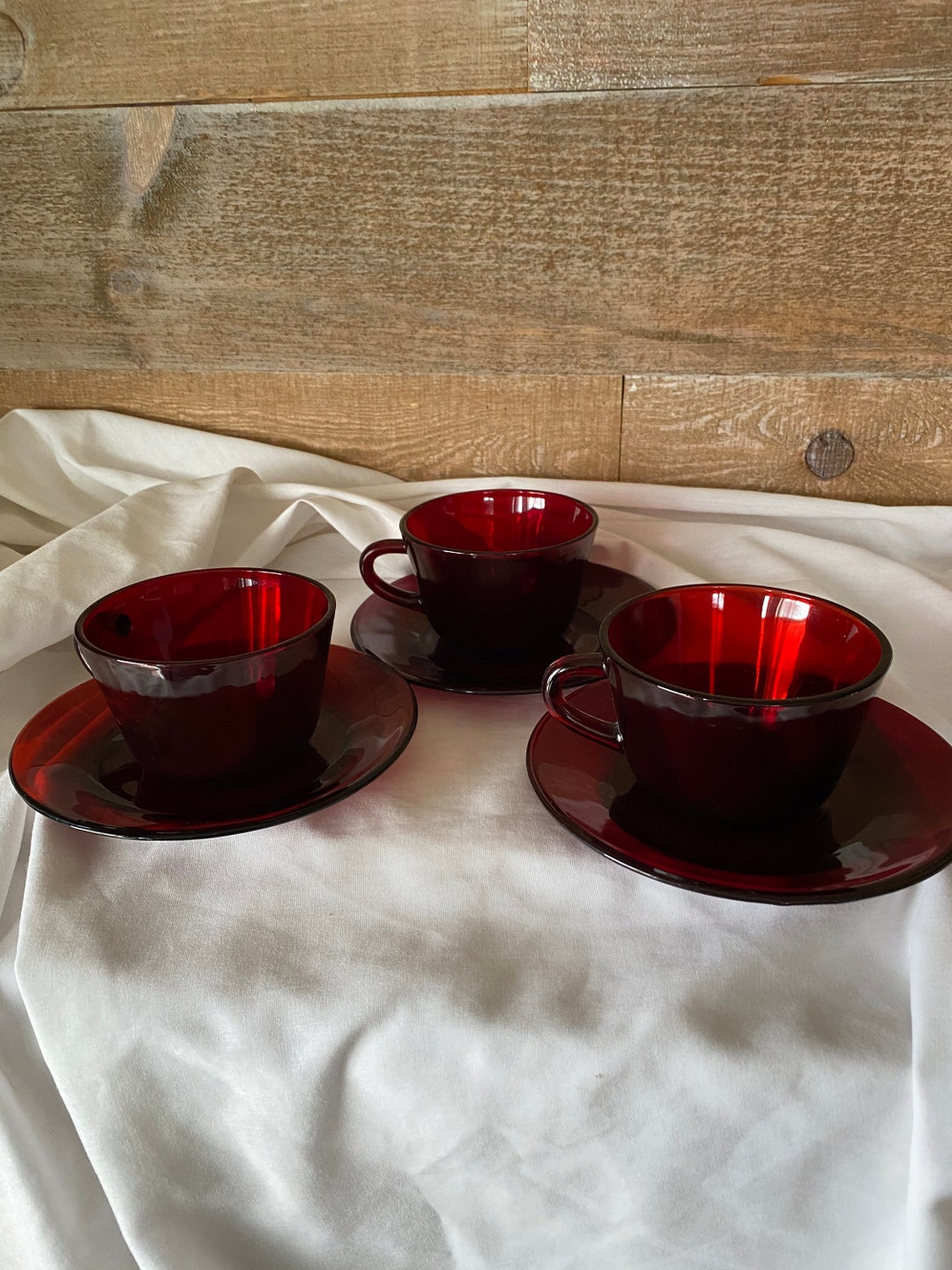 Red Glass Tea Cup and Saucer Set of Three Vintage Glass Cup Etsy