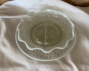 Fenton Moonstone White Hobnail Divided Dish with Serving Plate Drip Dish Base Clear Glass with White Rim Hobnail Plate Vintage Gift