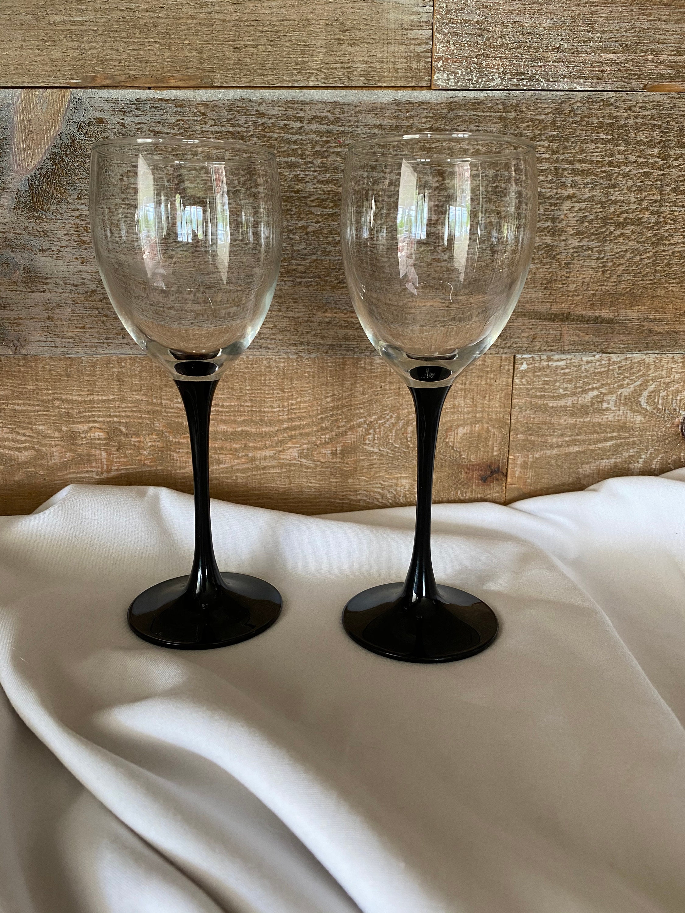 Luminarc France Vintage Set of Two Black Stemmed Wine Glasses Black Stem  Wine Glass Set of Two Vintage Black Glass Home Bar Glass Luminarc 