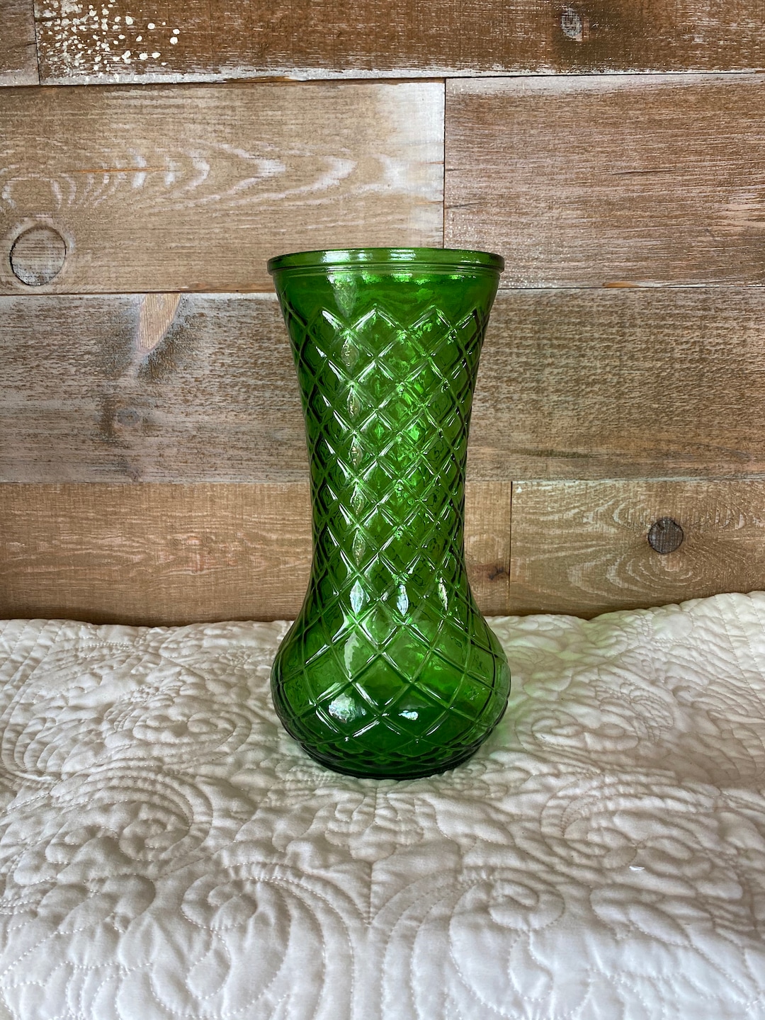 Hoosier Glass Green Diamond Pattern Vintage Vase With Number Etsy