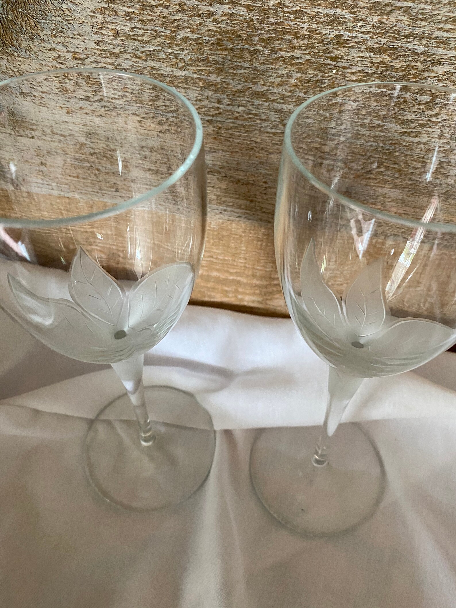 Etched Frosted Leaf Design Set of Two Vintage Wine Glasses Etsy