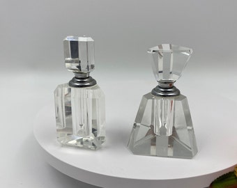 Oleg Cassini Perfume Bottle Set of Two Vintage Cut Crystal Perfume Bottles Triangular Shaped with Screw on Tops and Dabbers Signed on Bottom