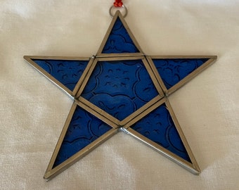 Blue Stained Glass Pressed Slag Glass Star Shape Hanging Suncatcher Deocr Vintage Pressed Stained Glass Blue Star Window Hanging Tree Decor