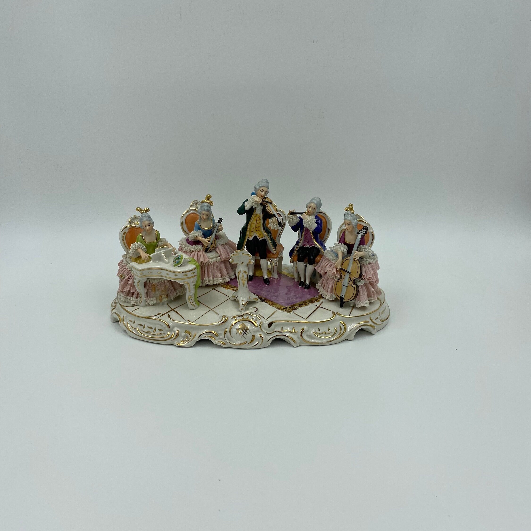 Dresden Large Porcelain Figurine Five Musicians Playing Lace