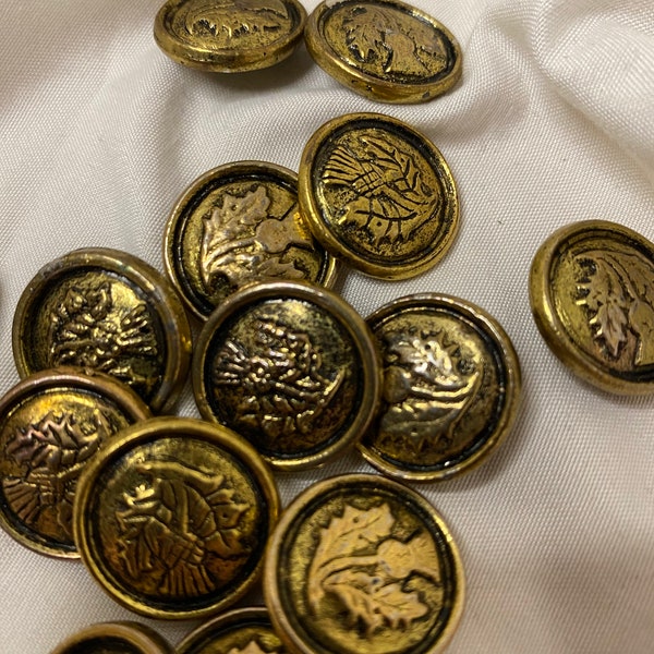 Brass Shank Buttons Vintage Set of Fourteen Heavy Gold Tone Metal Buttons with Floral Embossed Design on Each Marked Pendleton on Backs