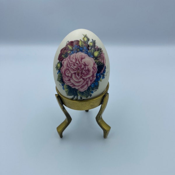 Glynda Turley Bisque Egg Hand Painted Signed Dated Pink Flower Arrangement Beautiful Decorative Porcelain Egg with Brass Stand Vintage  1999