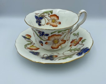 E Hughes and co Staffordshire Tea Cup and Saucer Set Vintage Made in England Teacup and Saucer Red Blue Flowers Gold Highlights Collectible
