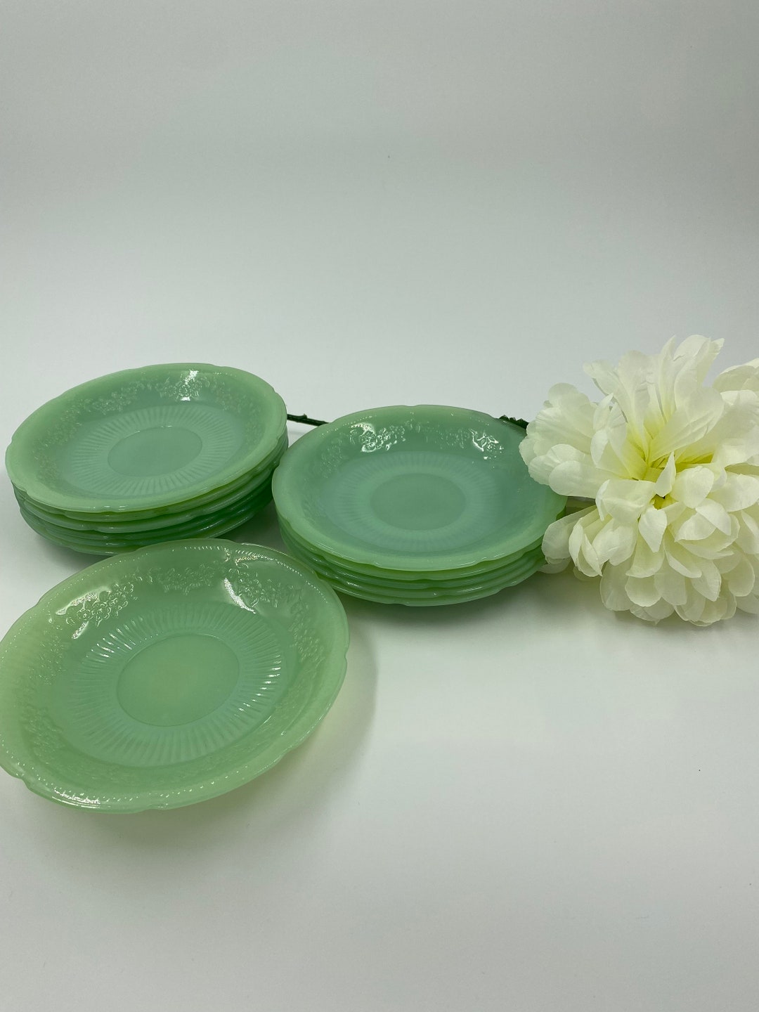 Fireking Alice Pattern Jadeite Saucers Set Twelve 12 Vintage Green