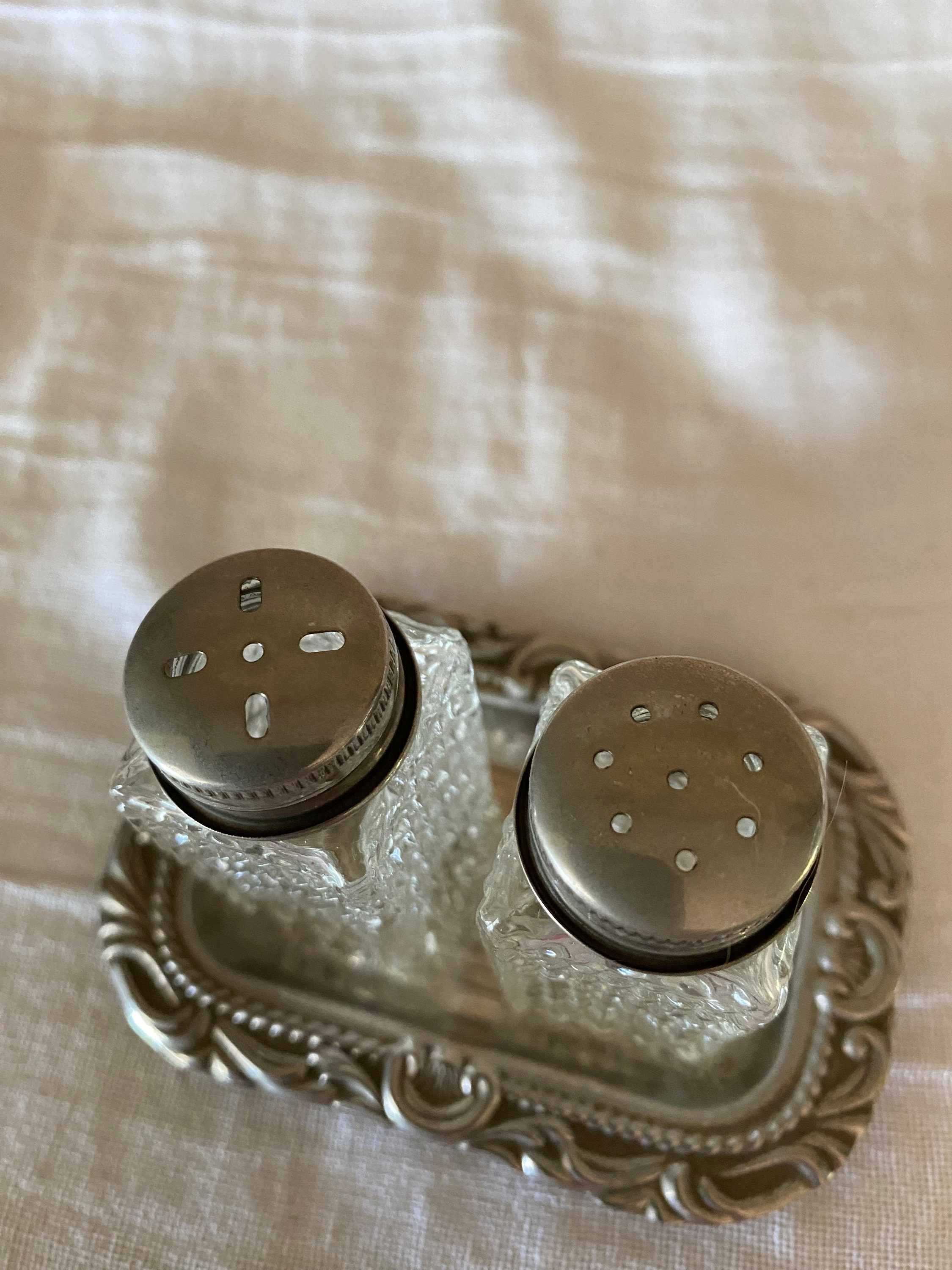 Salt and Pepper Shakers With Tray Vintage Unique Fancy Salt and Pepper  Shakers Cut Glass Silver Metal Tops and Silver Metal Serving Tray 