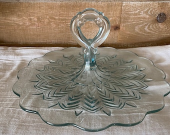 Jeannette Glass Light Blue Feather Pattern Sandwich Server Tray Platter Vintage MCM Pale Blue Pressed Glass Vintage Sweets Tidbit Tray